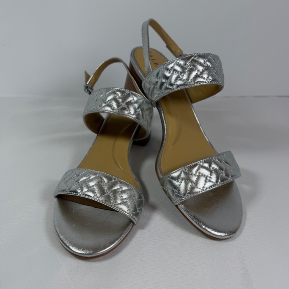 Talbots Shoes - Talbots Silver Metallic Quilted Leather Block Heel Slingback Sandals Size 8M